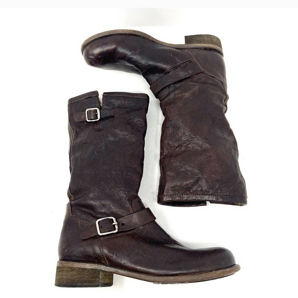 Anthropologie Chocolate Espresso Brown Leather Buckle Boots with Real Fur lining